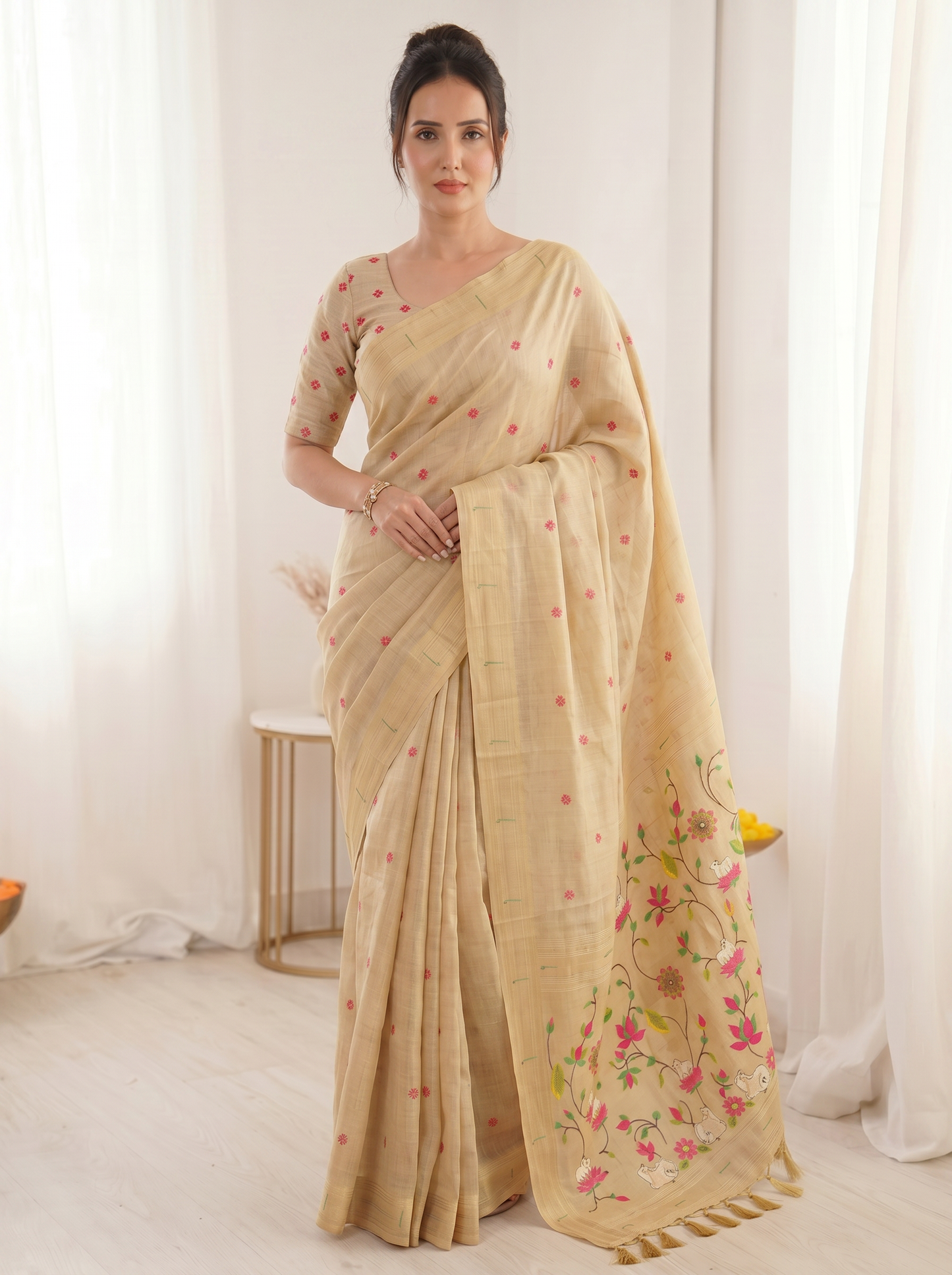 Chickoo Premium Soft Muga Cotton Saree with Paithani Swan Meenakari Pallu
