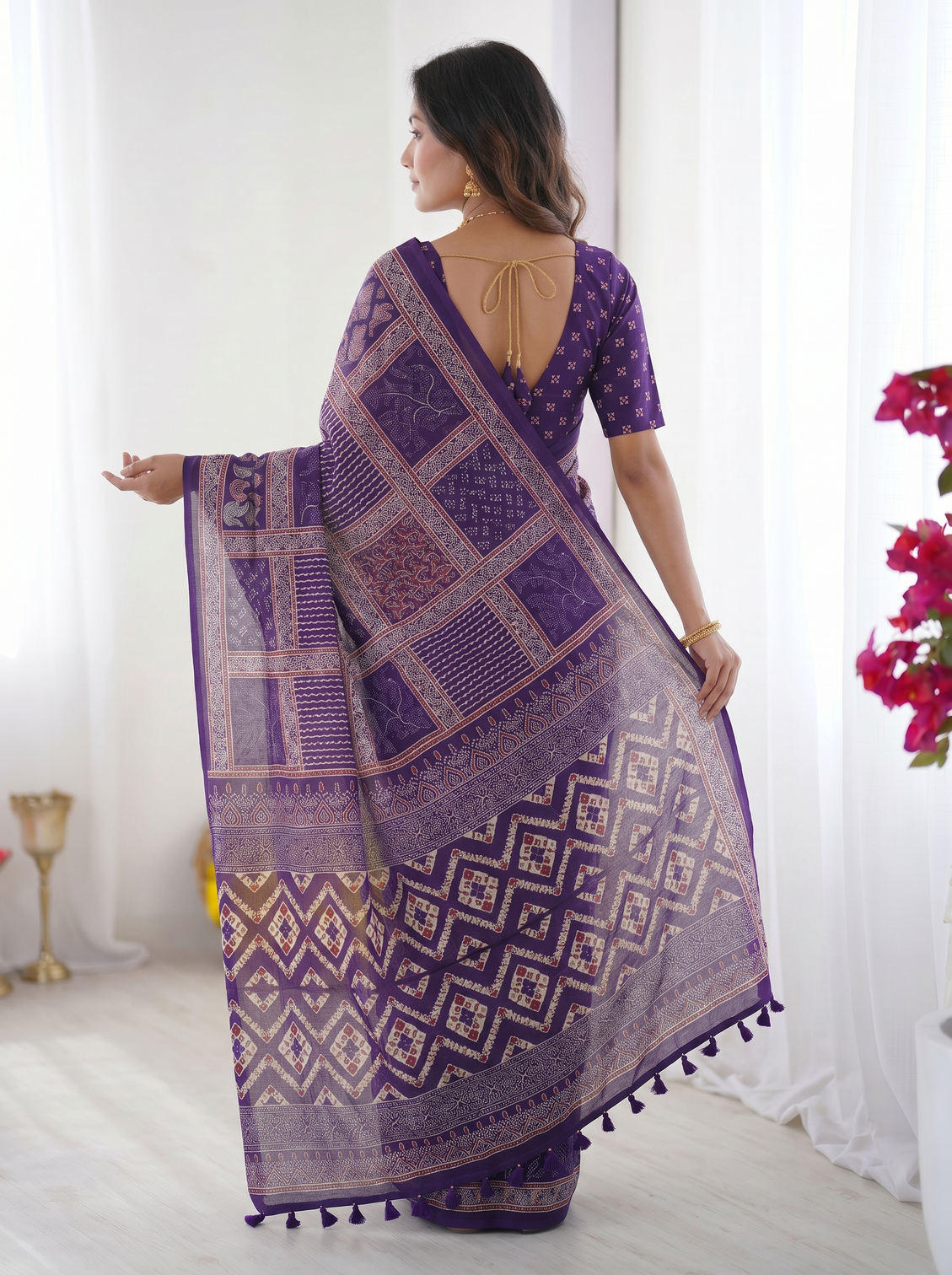 Royal purple modal silk saree with tribal geometric print designer ethnic pallu saree for festive wear