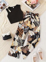 image, Girls Black Ribbed Sleeveless Crop Top &amp; Tropical Leaf Print Pants Set
