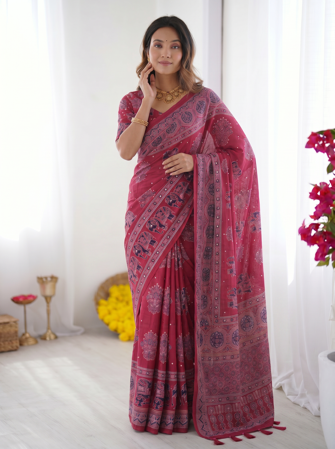 Rani pink modal silk saree with elephant motif ajrakh print designer pallu festive ethnic wear saree