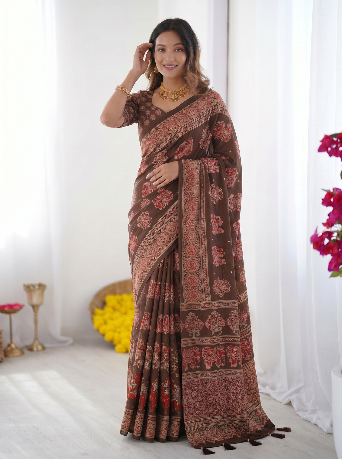 Chocolate brown modal silk saree with elephant motif heritage print designer pallu traditional festive wear saree
