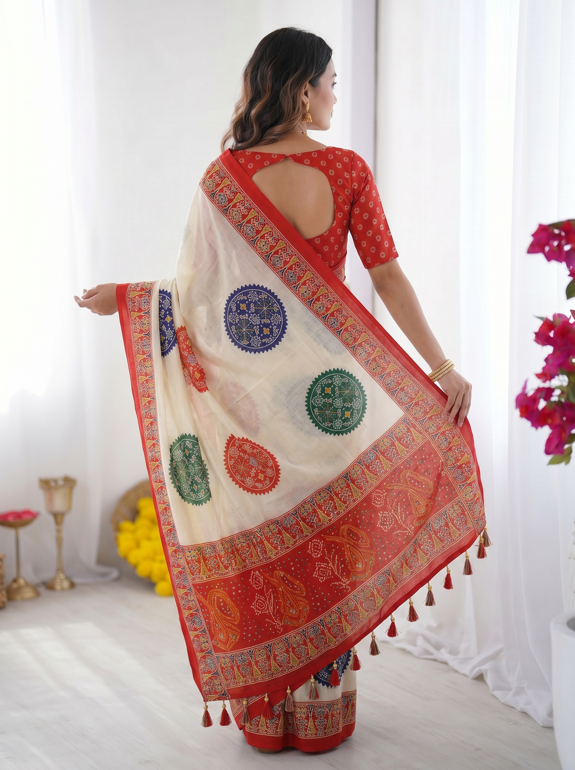 Ivory white vermilion red pure modal silk saree with multicolor mandala print traditional designer pallu