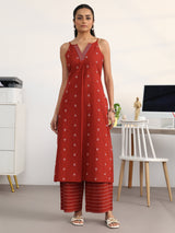 Libas Red Ethnic Motifs Woven Design Cotton Blend A-Line Kurta Set