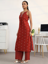Libas Red Ethnic Motifs Woven Design Cotton Blend A-Line Kurta Set