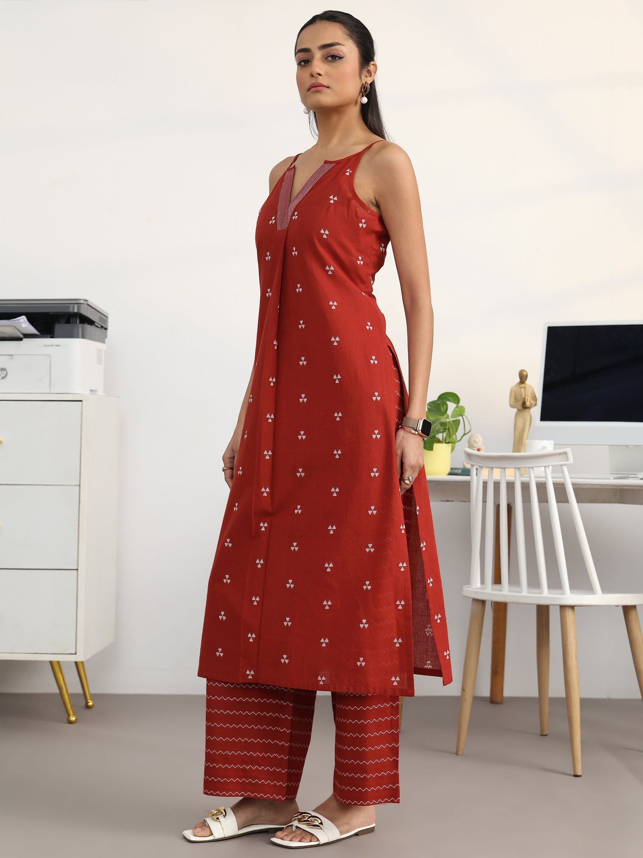 Libas Red Ethnic Motifs Woven Design Cotton Blend A-Line Kurta Set