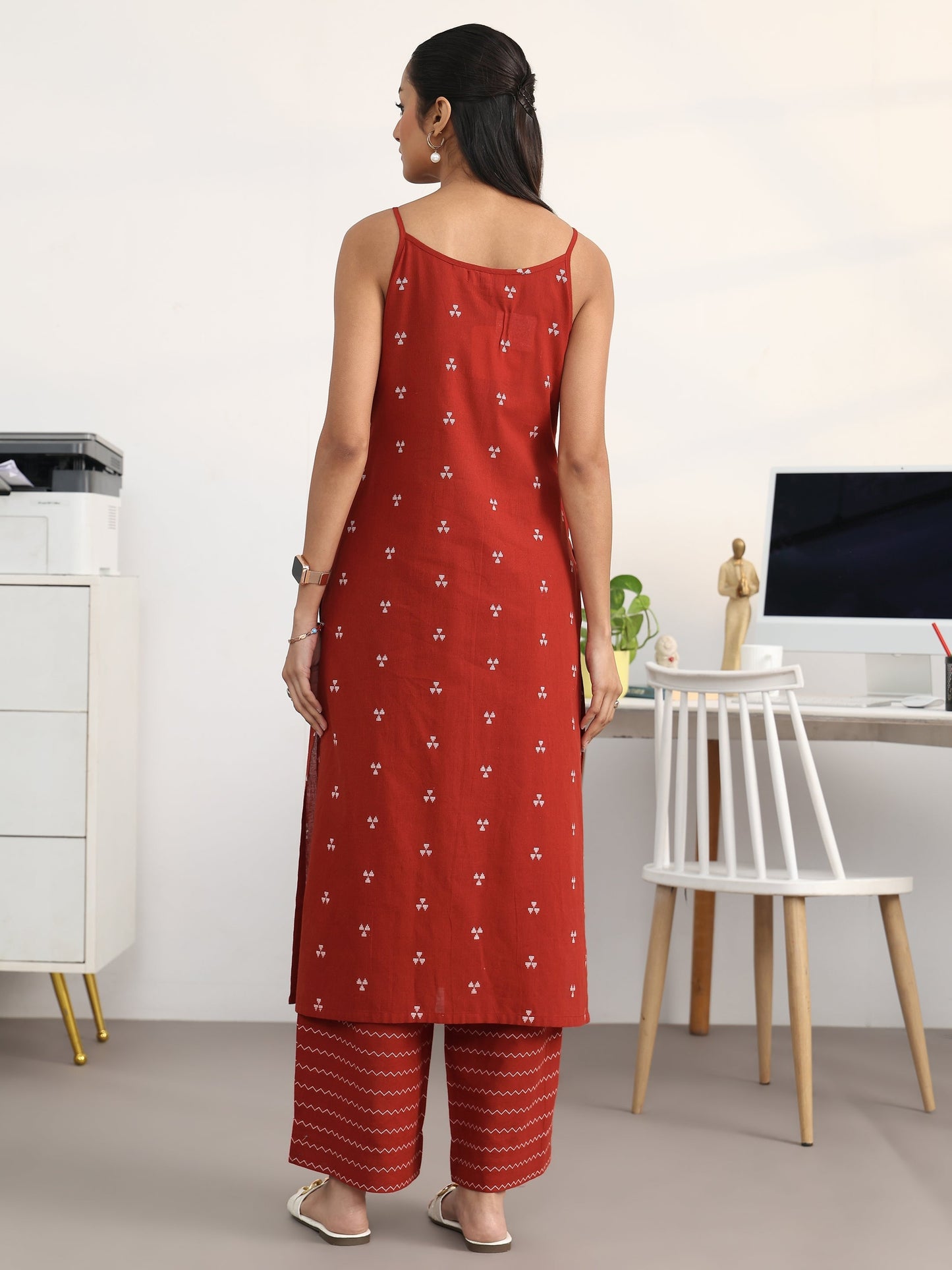 Libas Red Ethnic Motifs Woven Design Cotton Blend A-Line Kurta Set