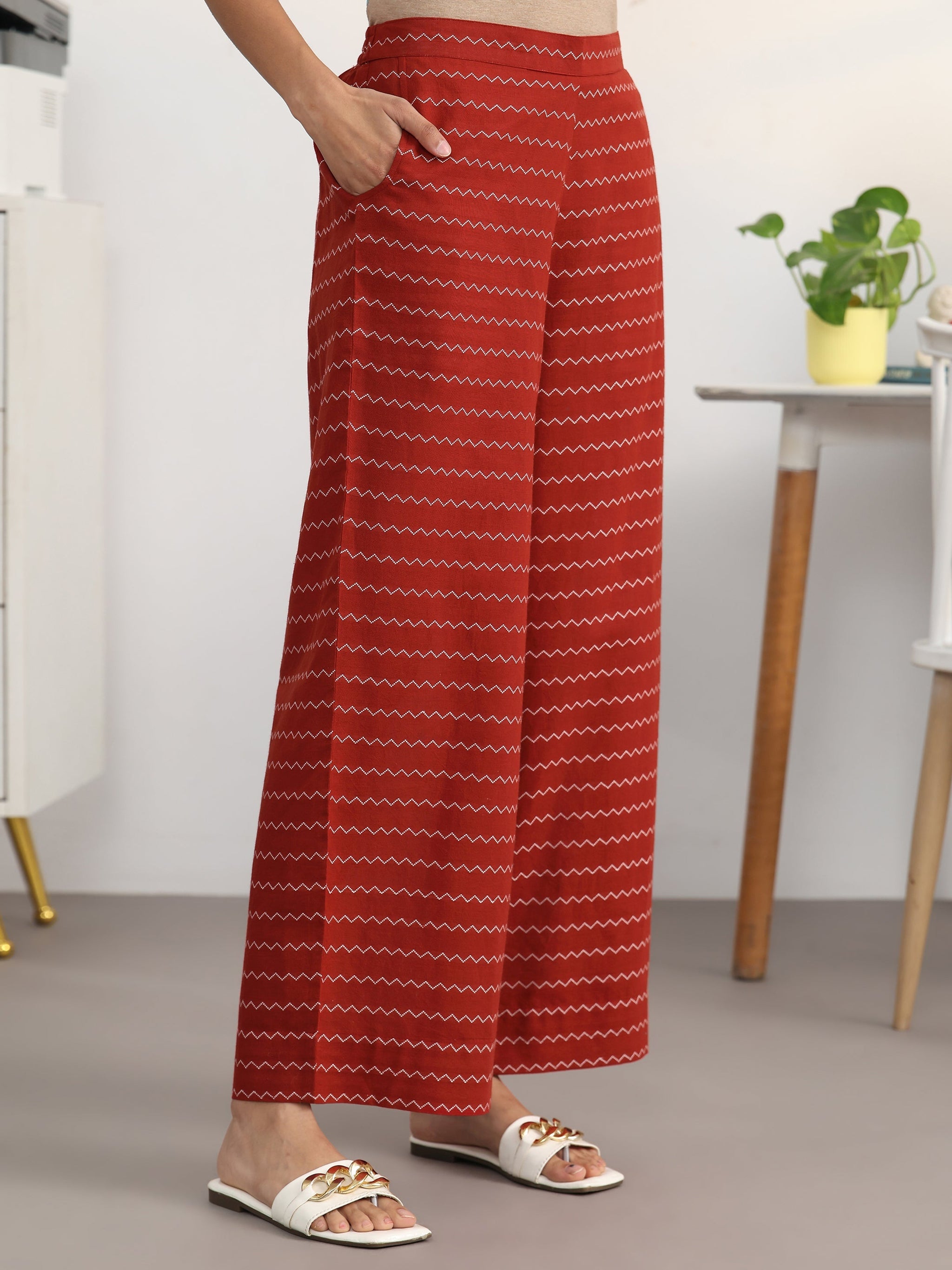 Libas Red Ethnic Motifs Woven Design Cotton Blend A-Line Kurta Set