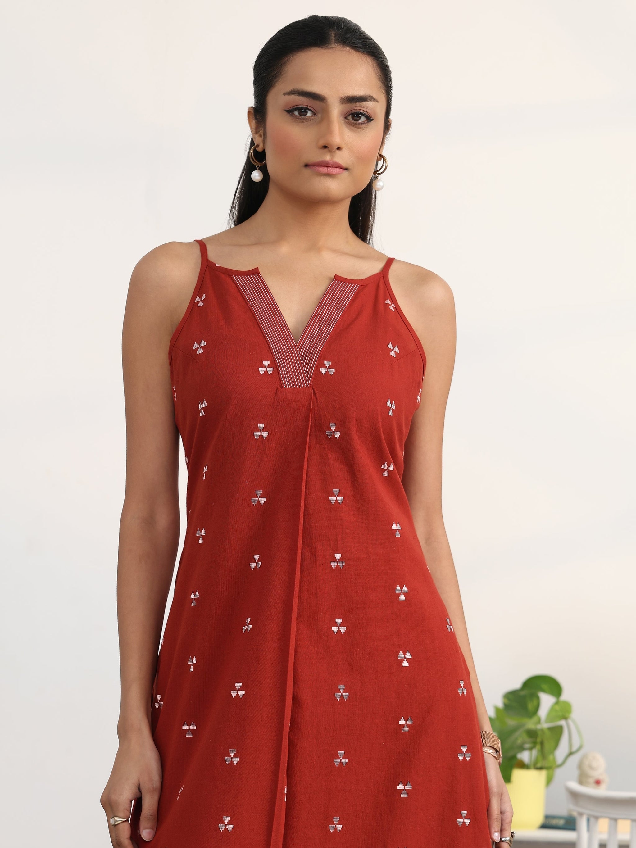 Libas Red Ethnic Motifs Woven Design Cotton Blend A-Line Kurta Set