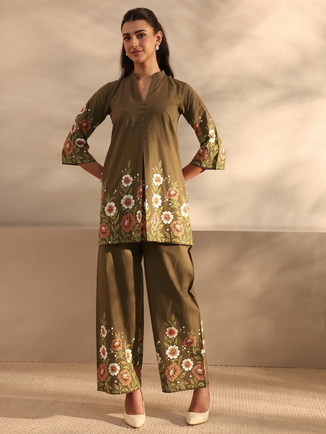 Mameraa Brown Floral Printed Front Slit Cotton Co-Ord Set