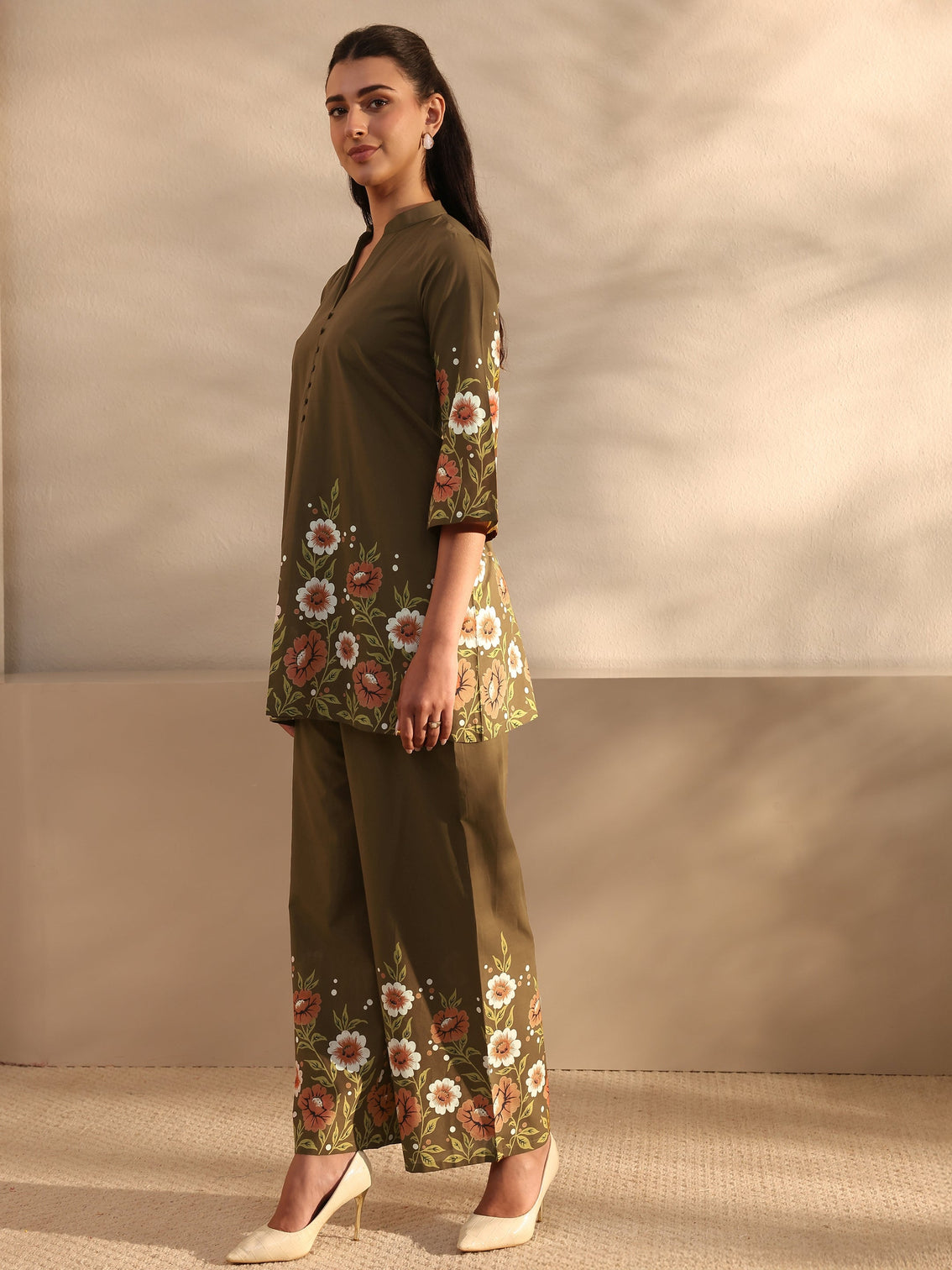 Mameraa Brown Floral Printed Front Slit Cotton Co-Ord Set