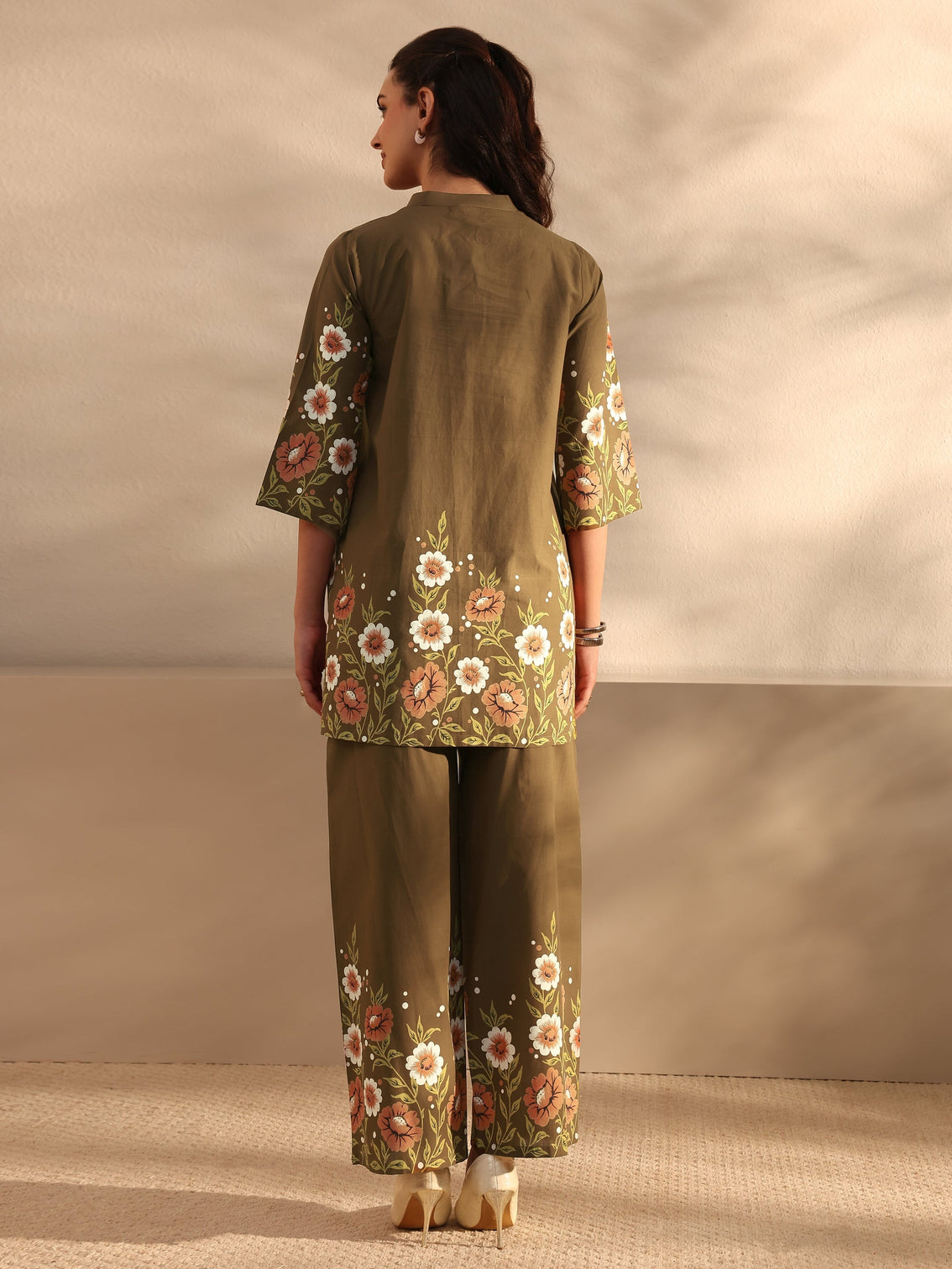 Mameraa Brown Floral Printed Front Slit Cotton Co-Ord Set