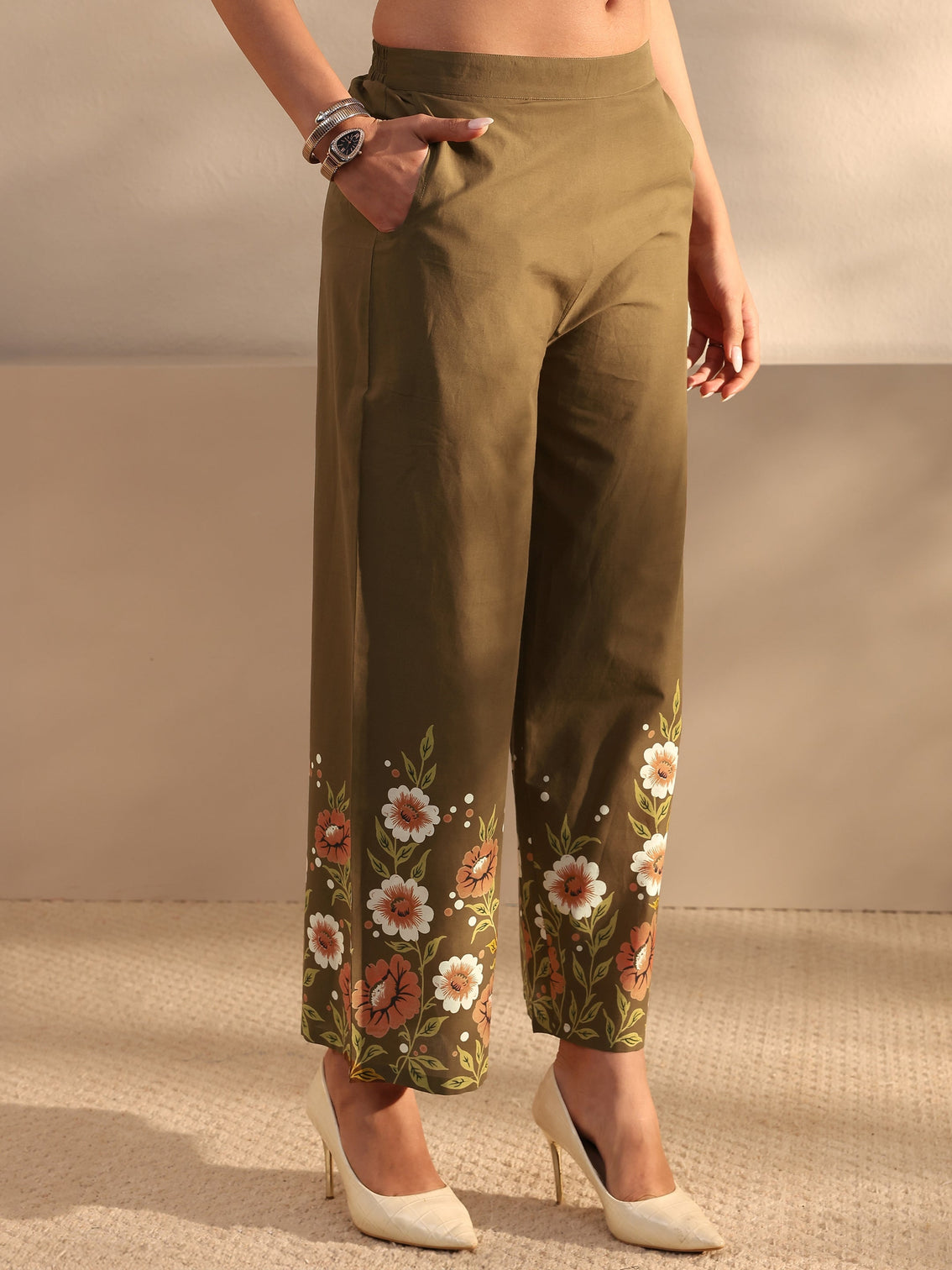 Mameraa Brown Floral Printed Front Slit Cotton Co-Ord Set