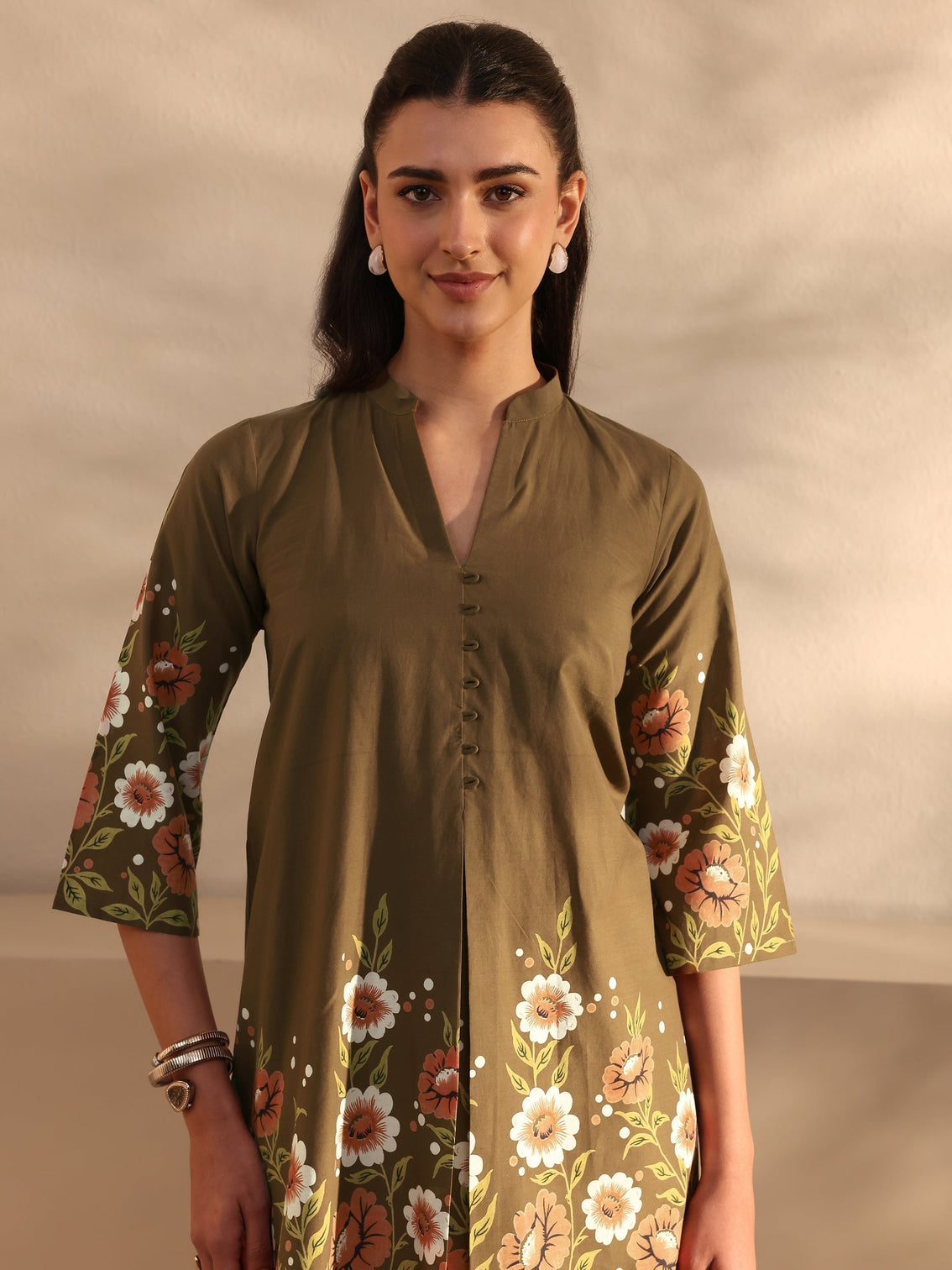 Mameraa Brown Floral Printed Front Slit Cotton Co-Ord Set