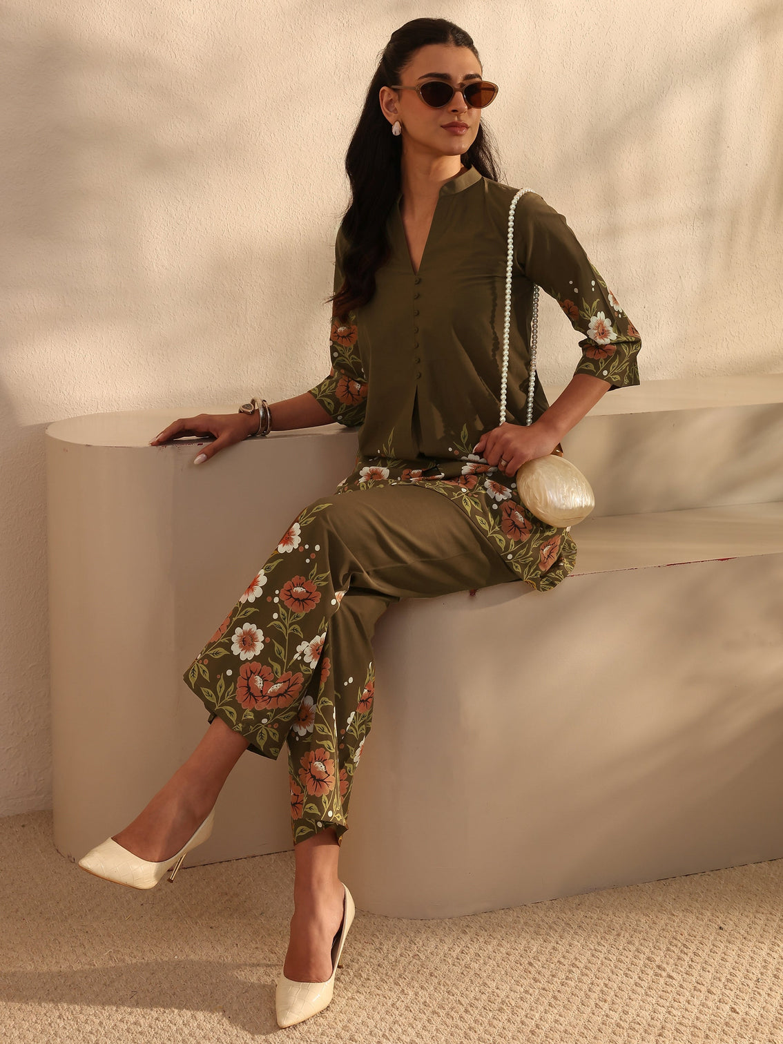 Mameraa Brown Floral Printed Front Slit Cotton Co-Ord Set
