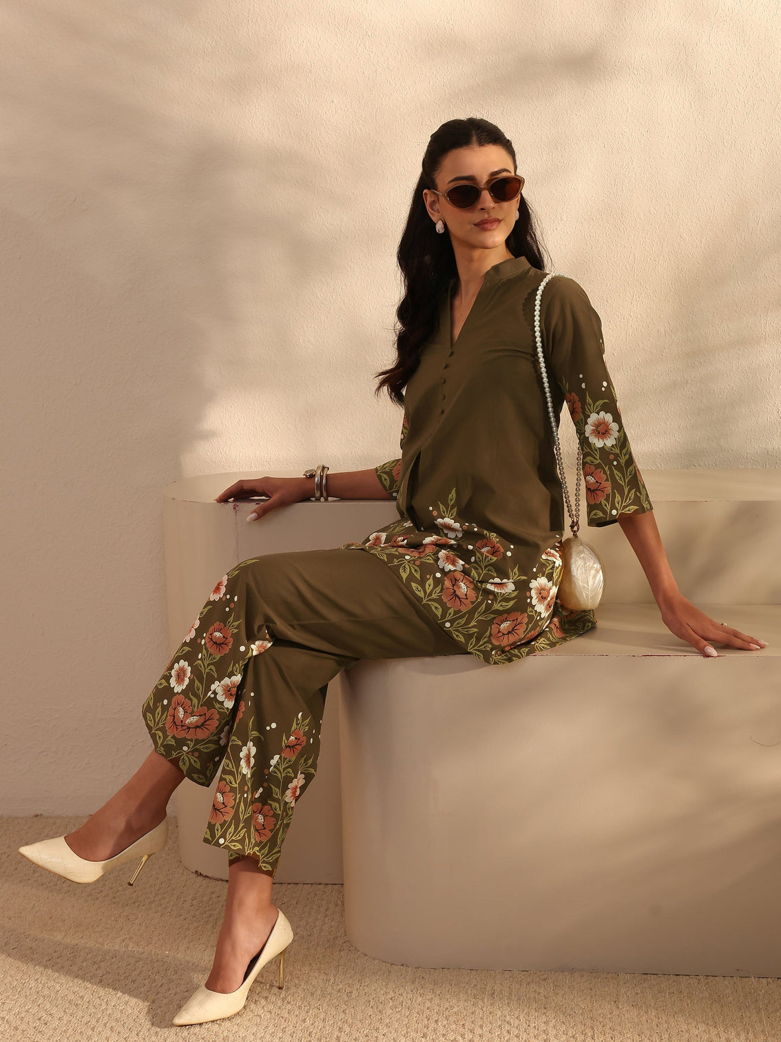 Mameraa Brown Floral Printed Front Slit Cotton Co-Ord Set