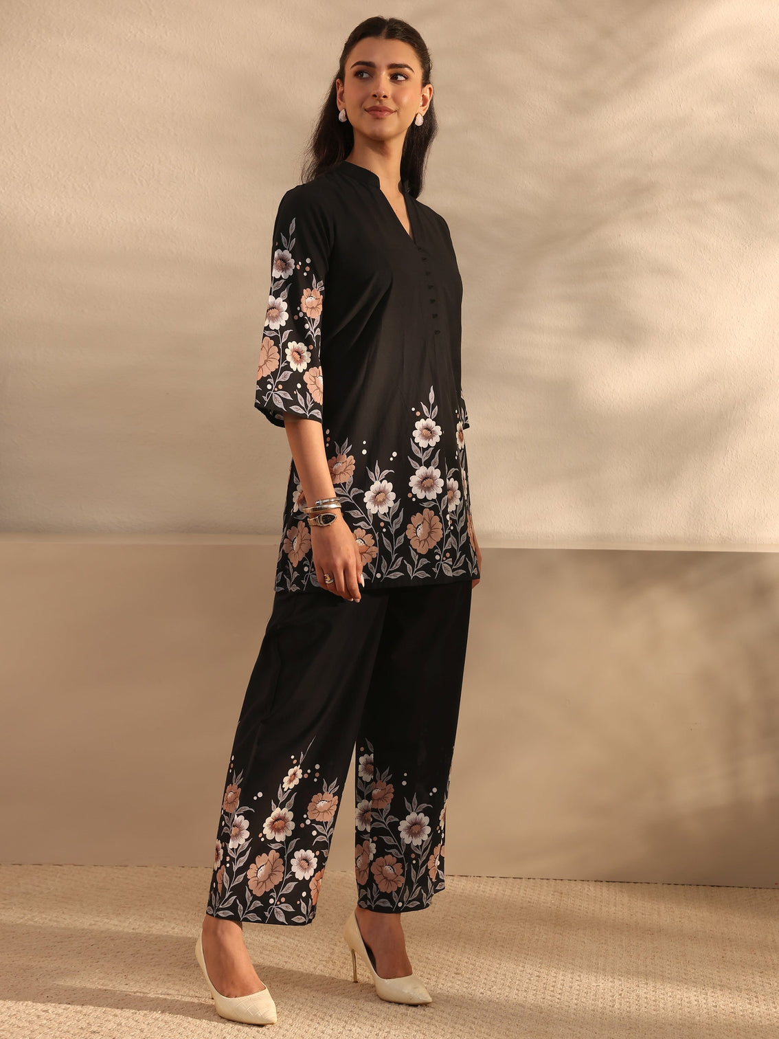 Mameraa Black Floral Printed Cotton Front Slit Co-Ord Set