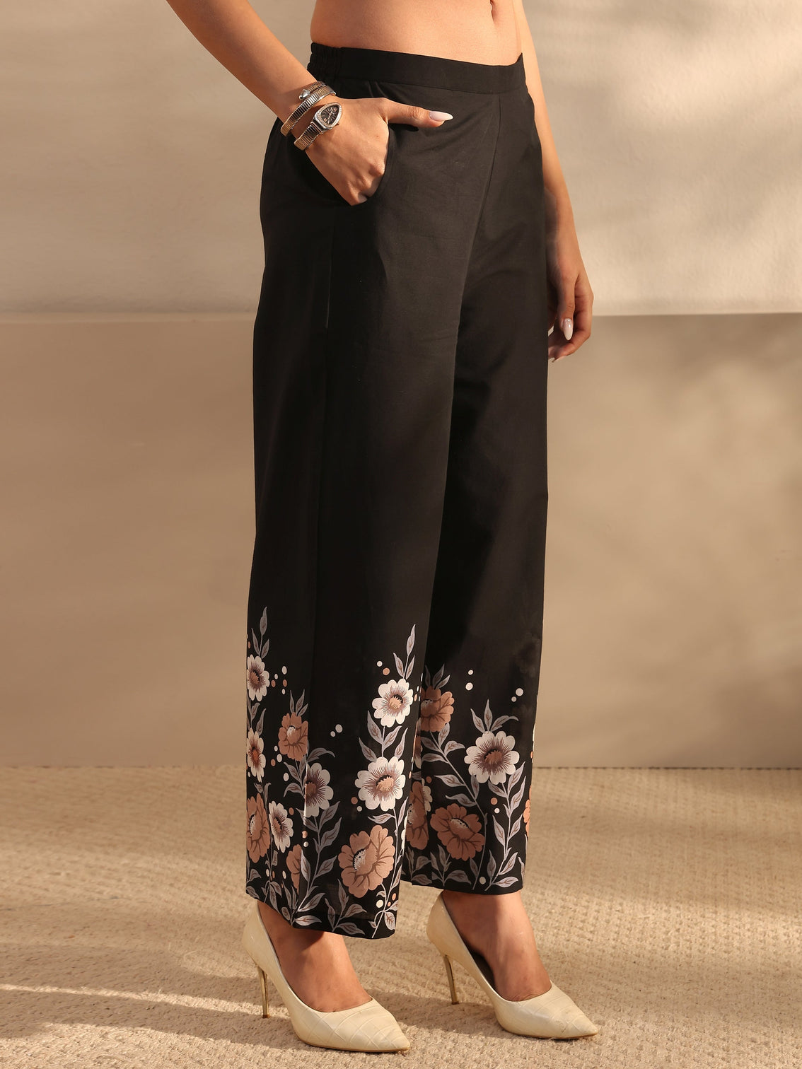 Mameraa Black Floral Printed Cotton Front Slit Co-Ord Set