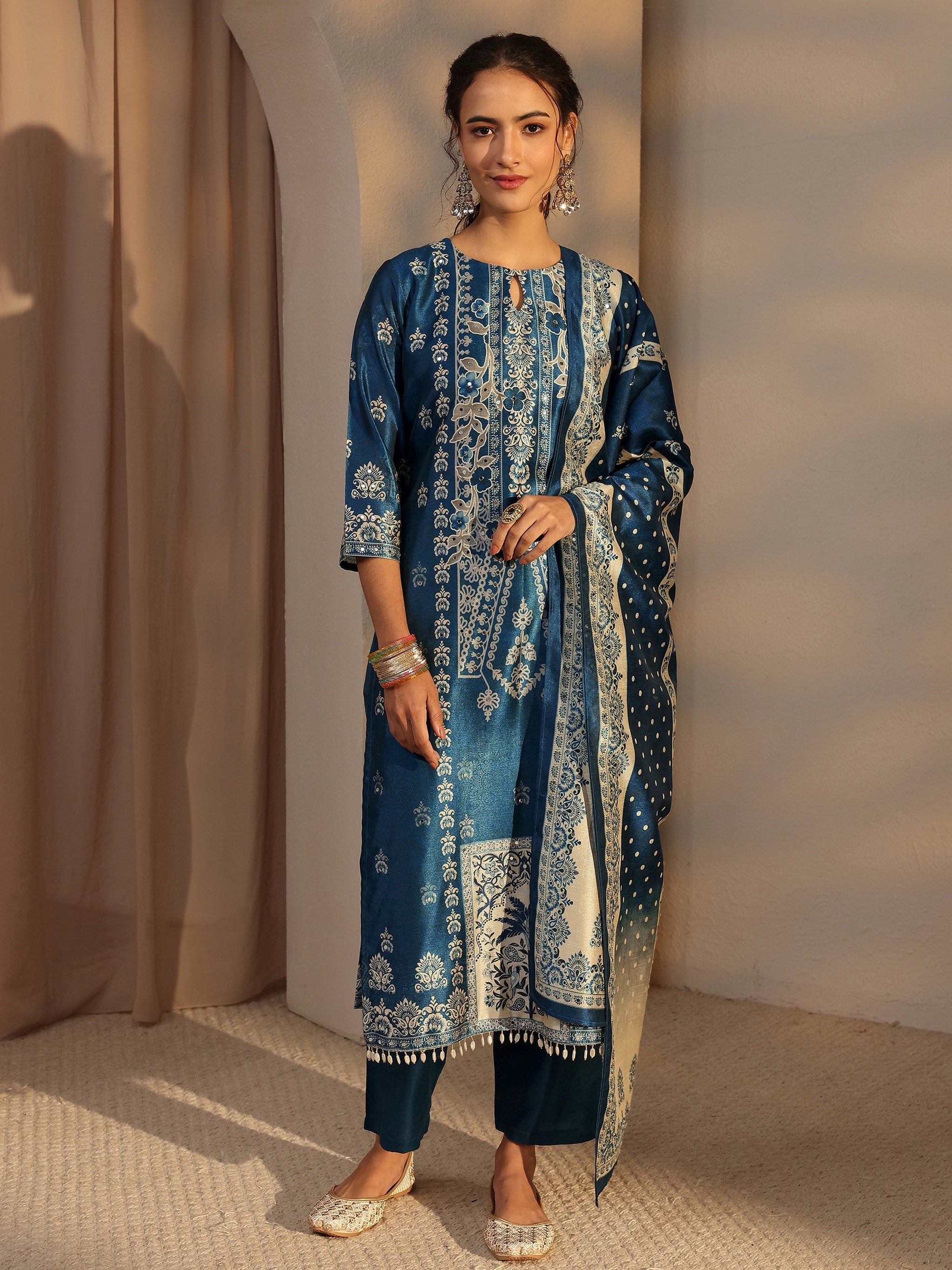 Libas Blue Ethnic Printed Silk Blend Straight Suit Set With Dupatta