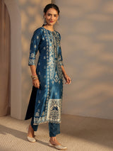 Libas Blue Ethnic Printed Silk Blend Straight Suit Set With Dupatta