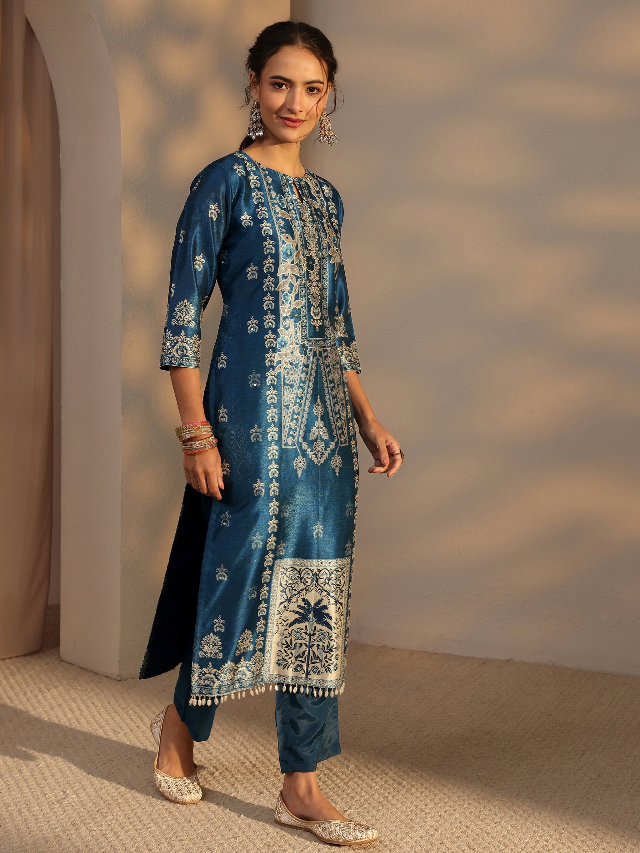 Libas Blue Ethnic Printed Silk Blend Straight Suit Set With Dupatta