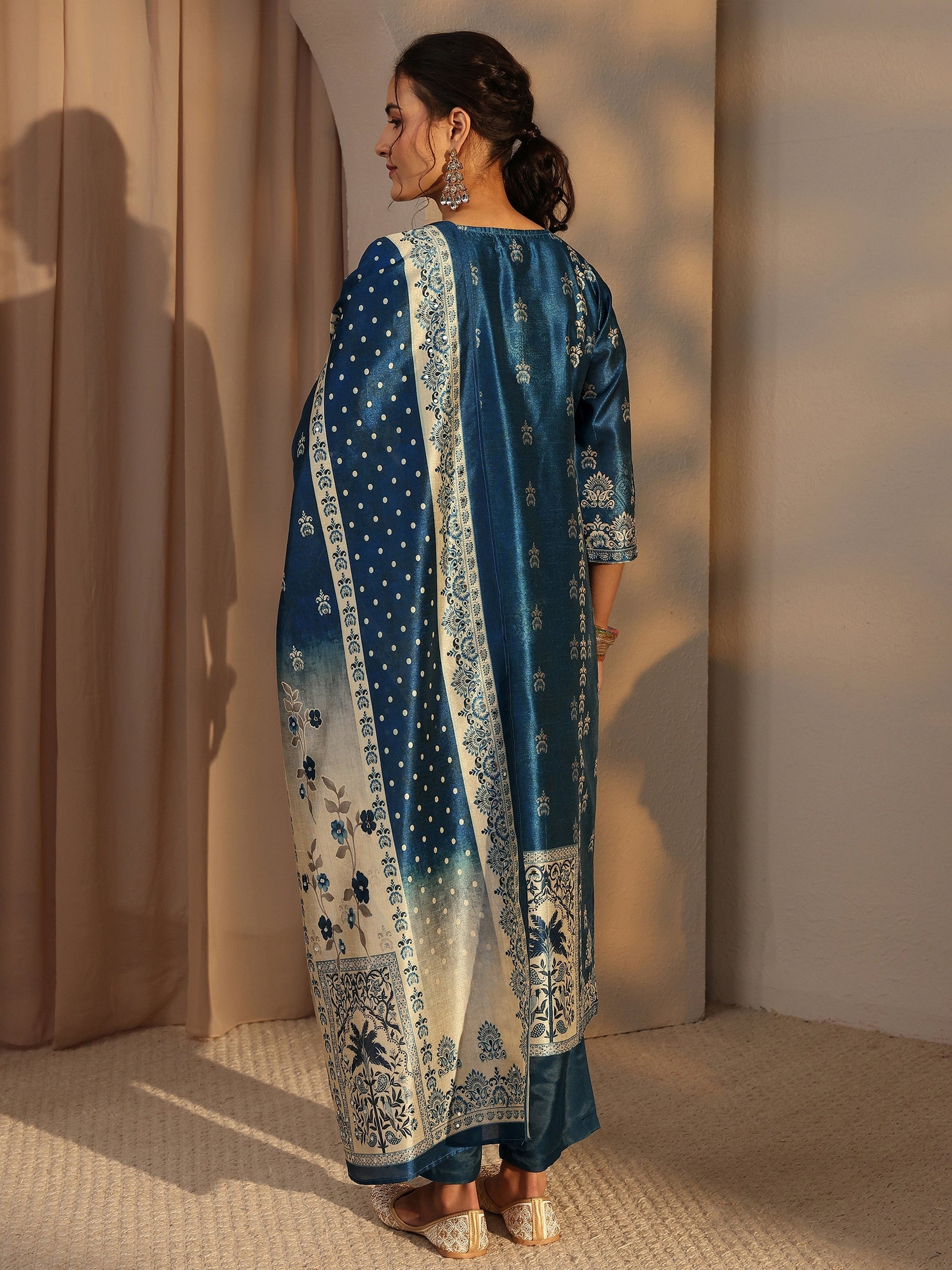 Libas Blue Ethnic Printed Silk Blend Straight Suit Set With Dupatta