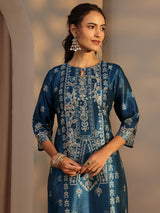 Libas Blue Ethnic Printed Silk Blend Straight Suit Set With Dupatta