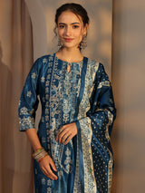 Libas Blue Ethnic Printed Silk Blend Straight Suit Set With Dupatta