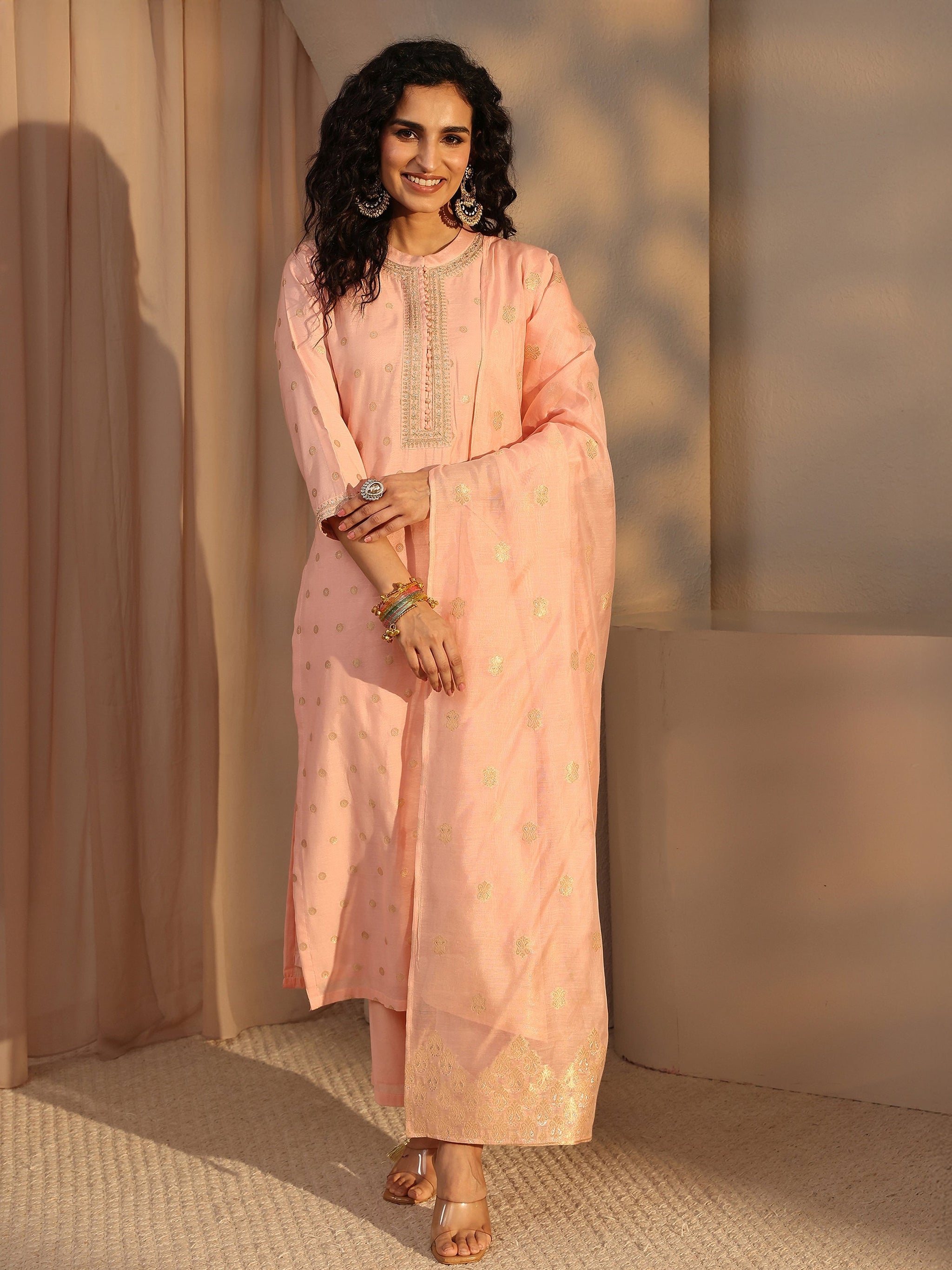 Libas Peach Woven Design Chanderi Silk Straight Suit Set With Dupatta