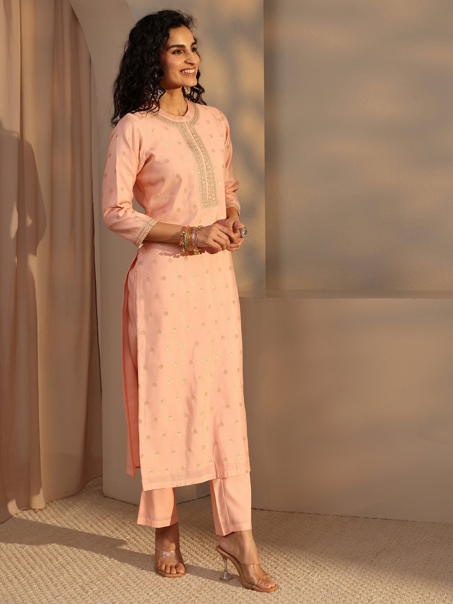 Libas Peach Woven Design Chanderi Silk Straight Suit Set With Dupatta