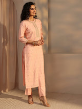Libas Peach Woven Design Chanderi Silk Straight Suit Set With Dupatta