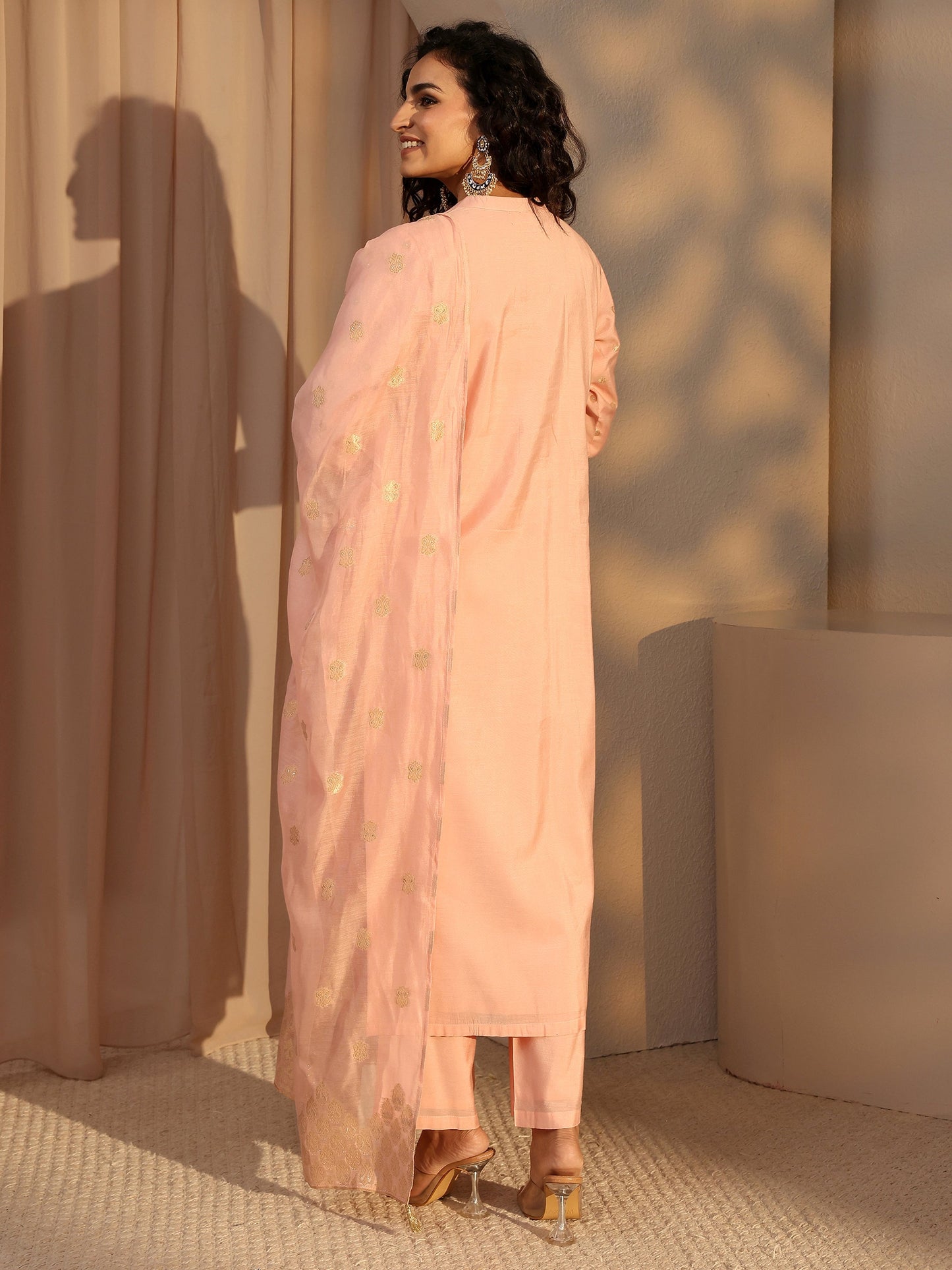 Libas Peach Woven Design Chanderi Silk Straight Suit Set With Dupatta