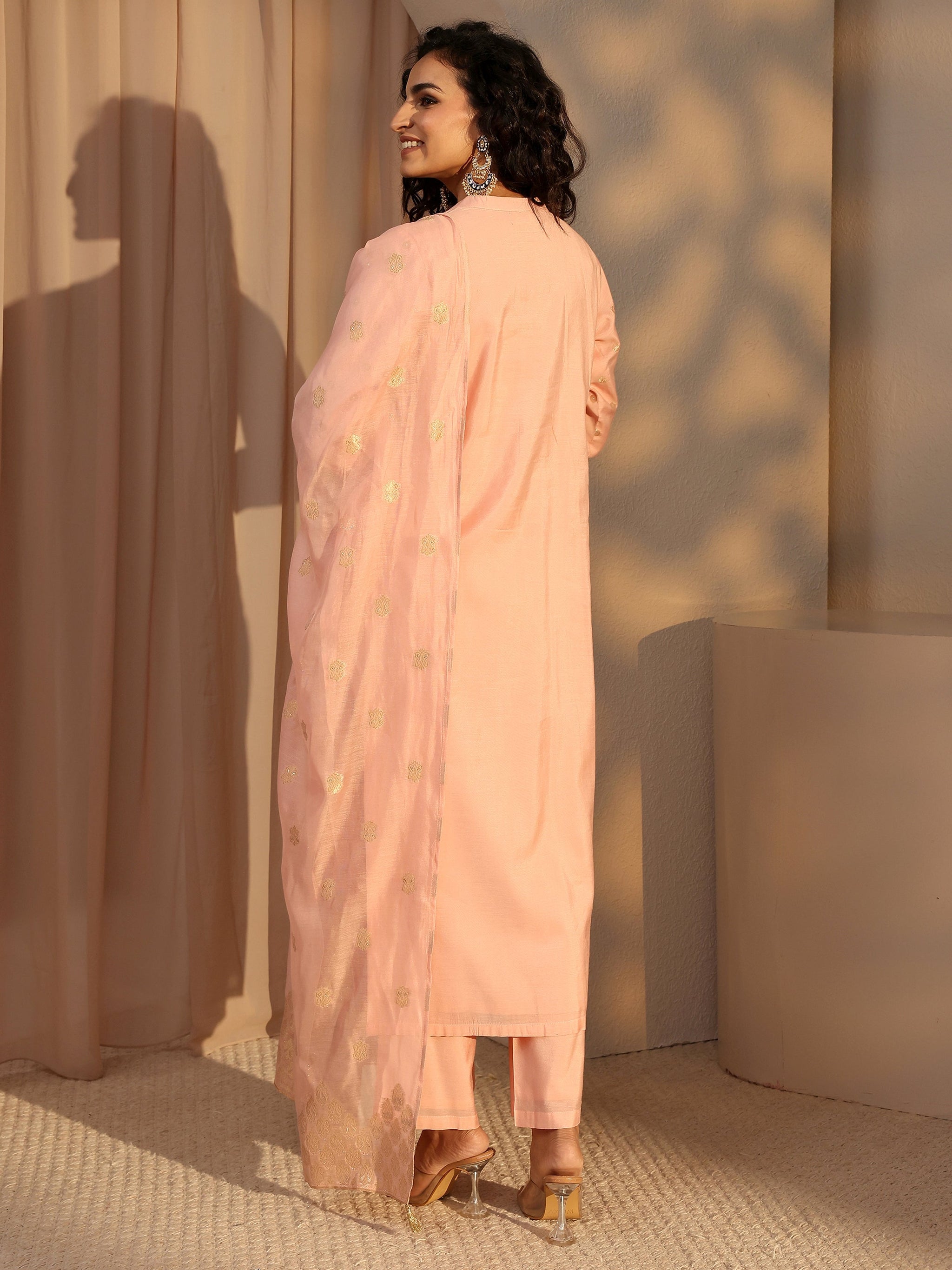 Libas Peach Woven Design Chanderi Silk Straight Suit Set With Dupatta