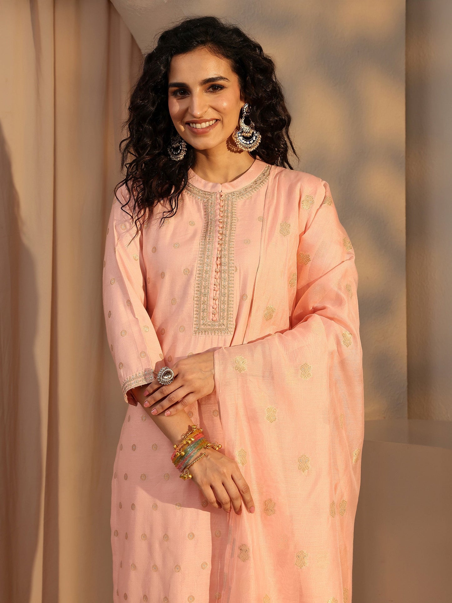 Libas Peach Woven Design Chanderi Silk Straight Suit Set With Dupatta