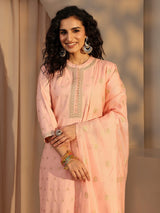 Libas Peach Woven Design Chanderi Silk Straight Suit Set With Dupatta