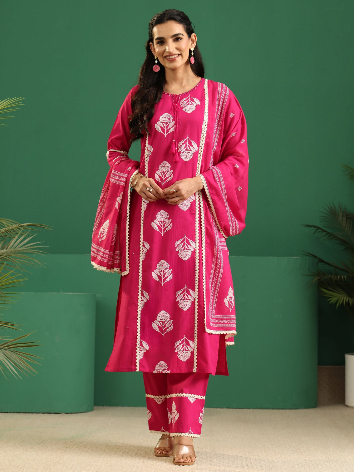 Mameraa Fuchsia Pink Floral Printed Cotton Straight Suit Set