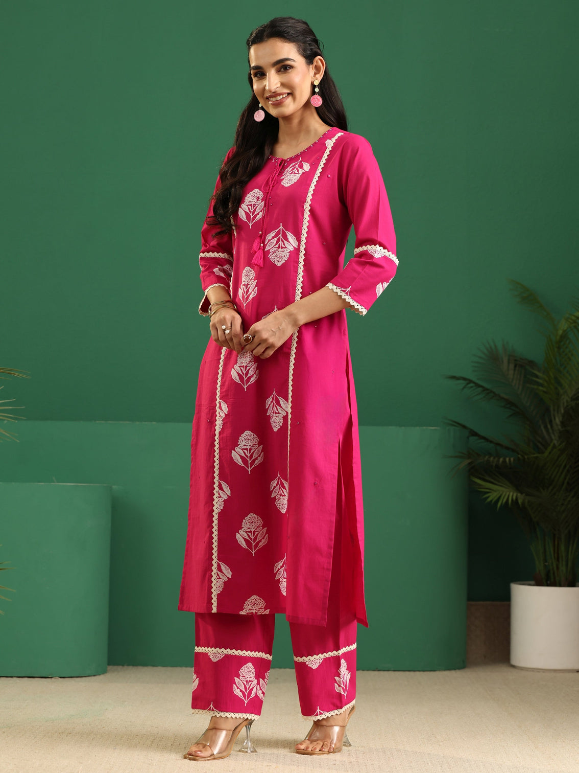 Mameraa Fuchsia Pink Floral Printed Cotton Straight Suit Set