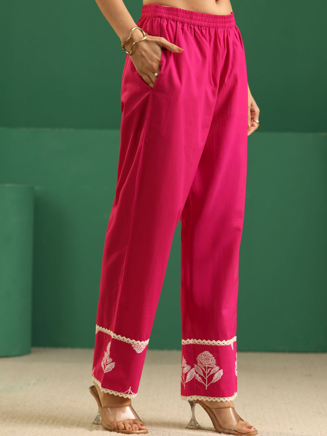 Mameraa Fuchsia Pink Floral Printed Cotton Straight Suit Set