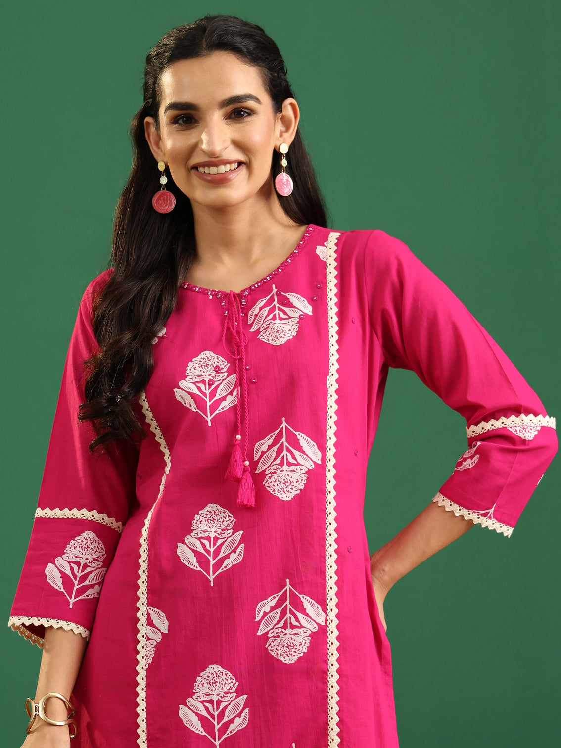 Mameraa Fuchsia Pink Floral Printed Cotton Straight Suit Set