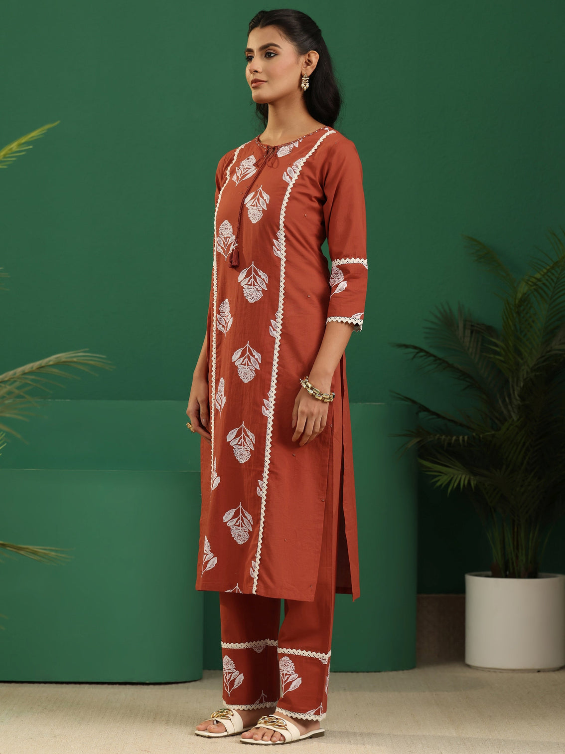 Mameraa Burnt Orange Floral Printed Cotton Straight Suit Set