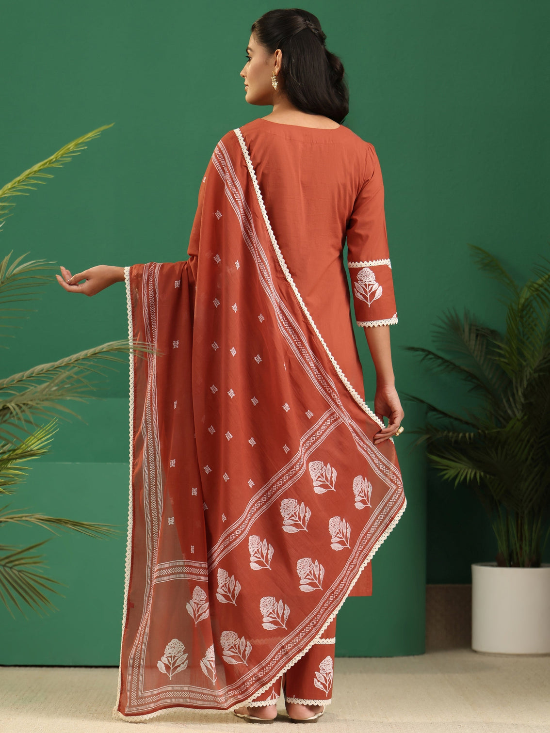 Mameraa Burnt Orange Floral Printed Cotton Straight Suit Set
