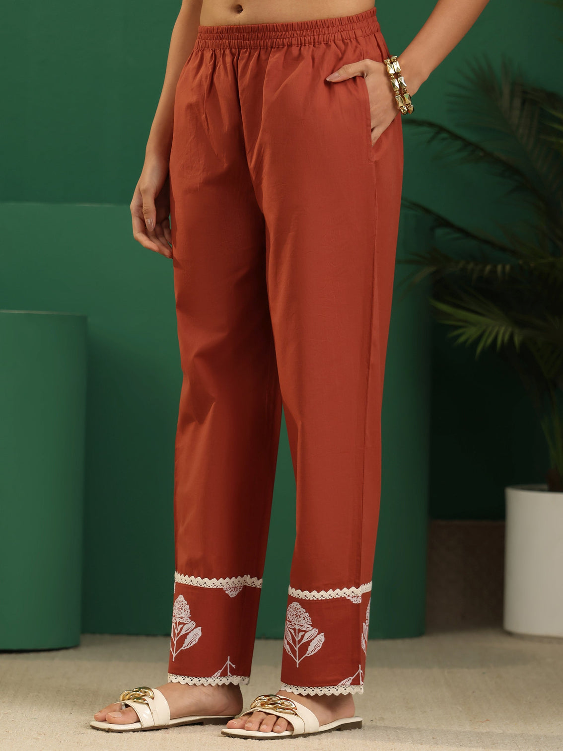Mameraa Burnt Orange Floral Printed Cotton Straight Suit Set