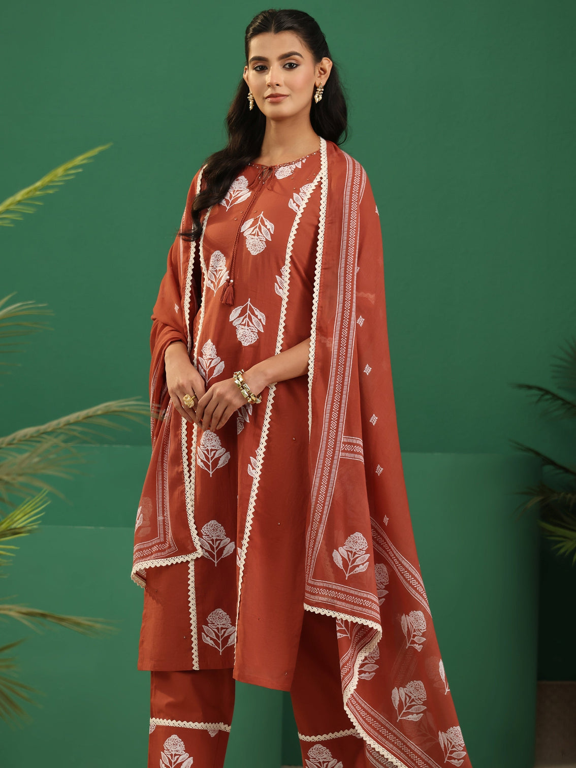 Mameraa Burnt Orange Floral Printed Cotton Straight Suit Set