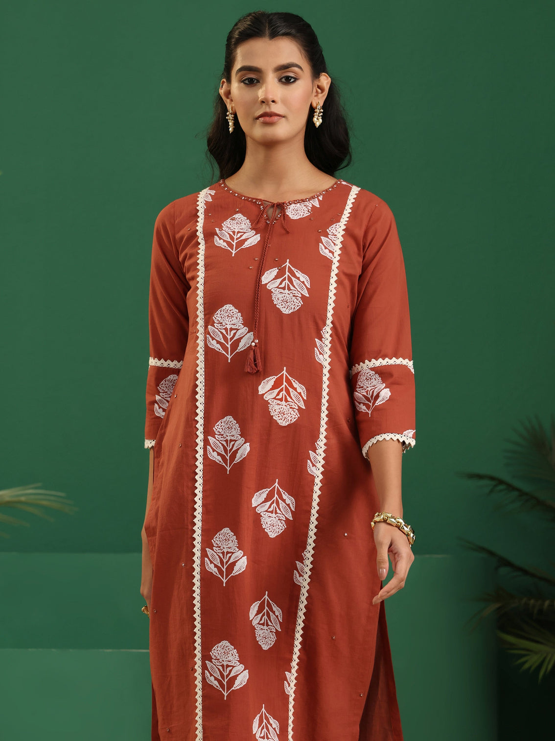 Mameraa Burnt Orange Floral Printed Cotton Straight Suit Set