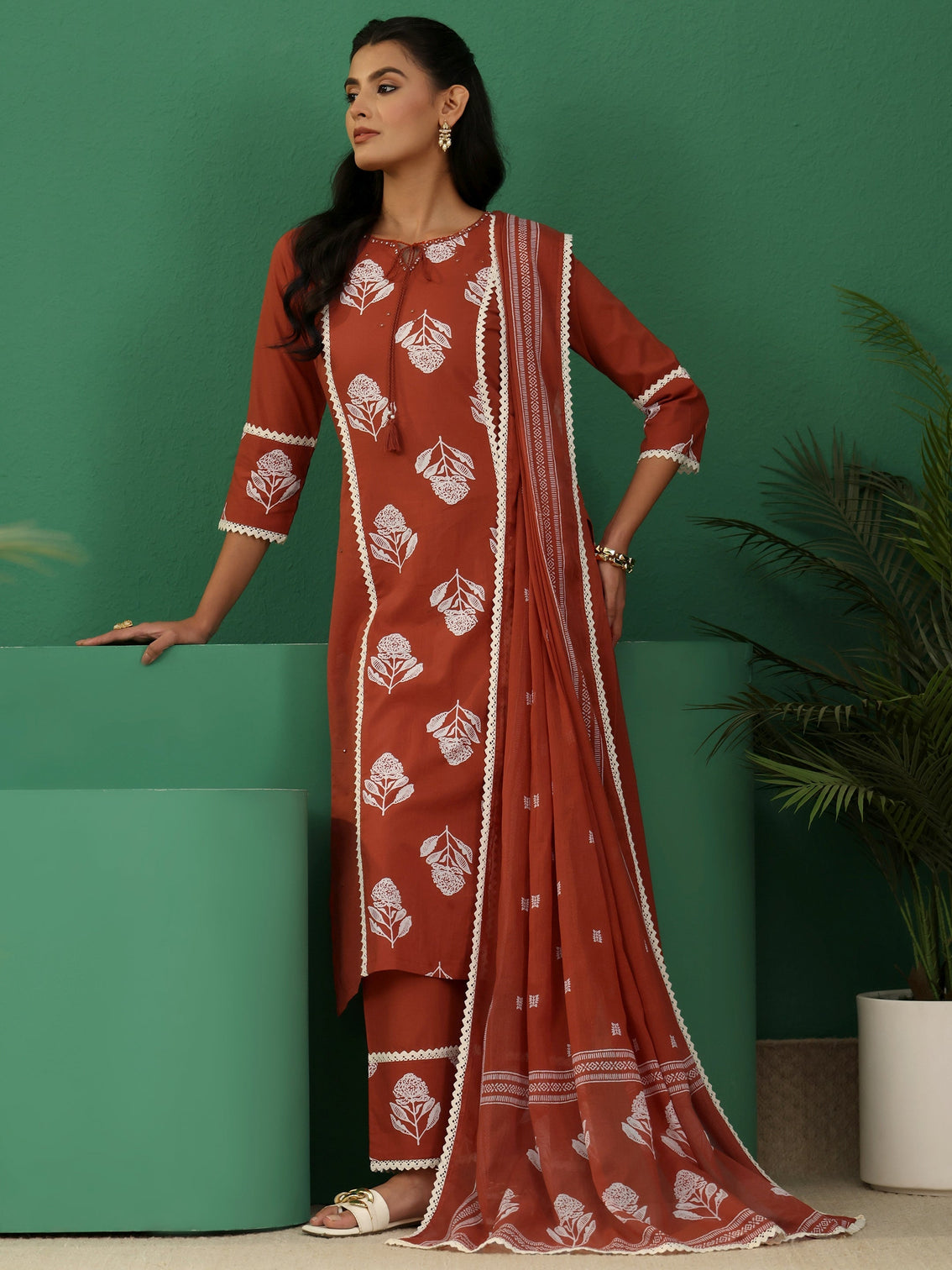 Mameraa Burnt Orange Floral Printed Cotton Straight Suit Set