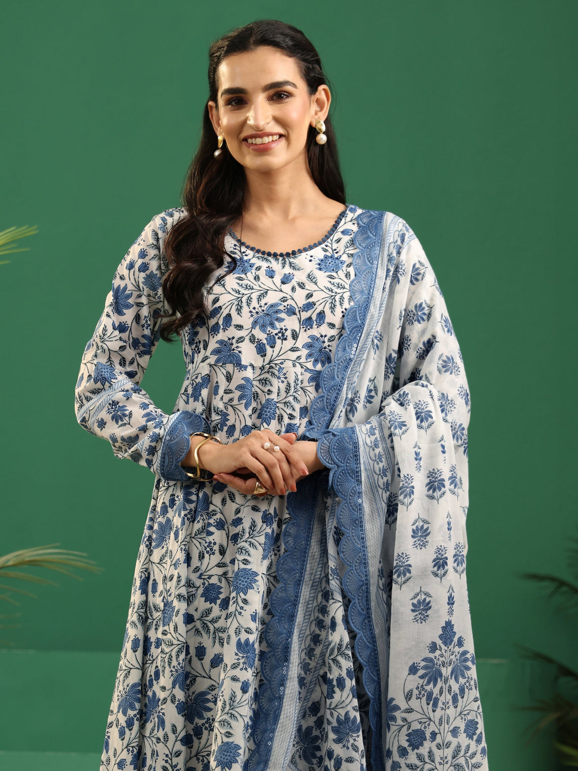 Mameraa White Floral Printed Cotton Anarkali Suit Set