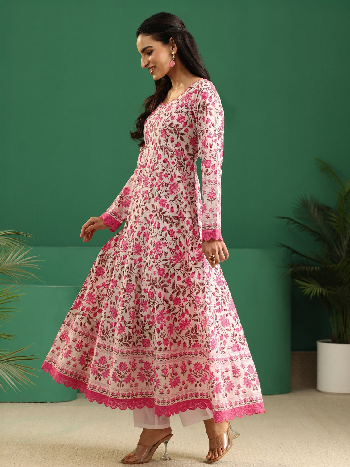 Mameraa Cream Floral Printed Cotton Anarkali Suit Set