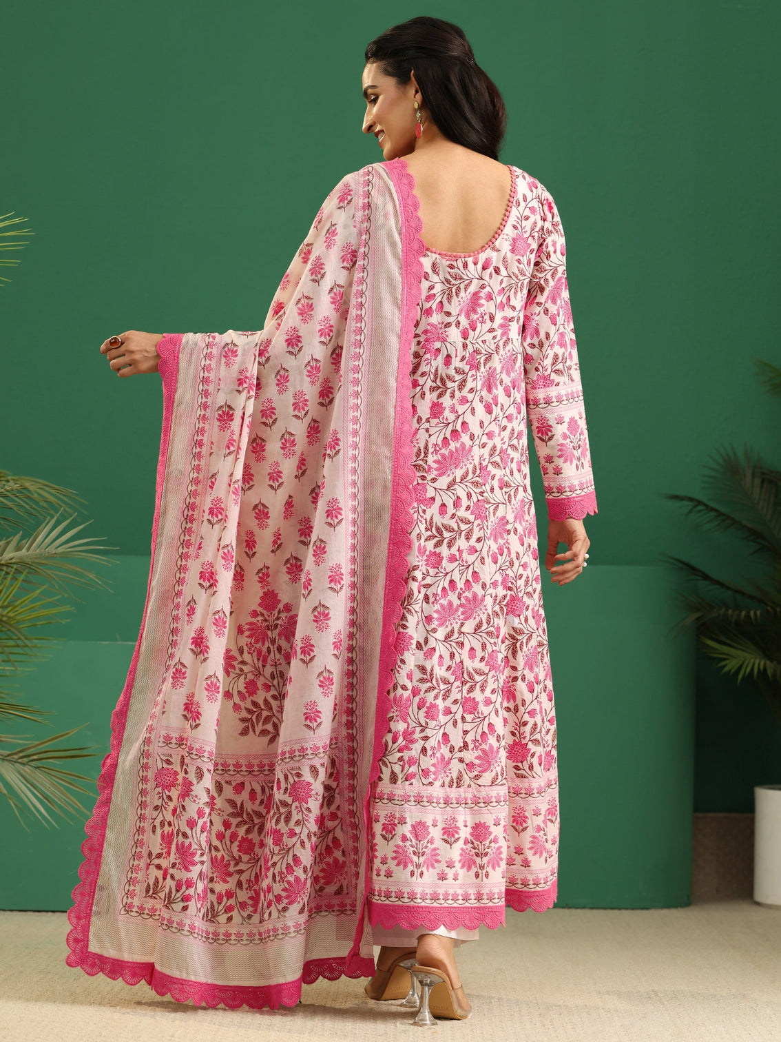 Mameraa Cream Floral Printed Cotton Anarkali Suit Set