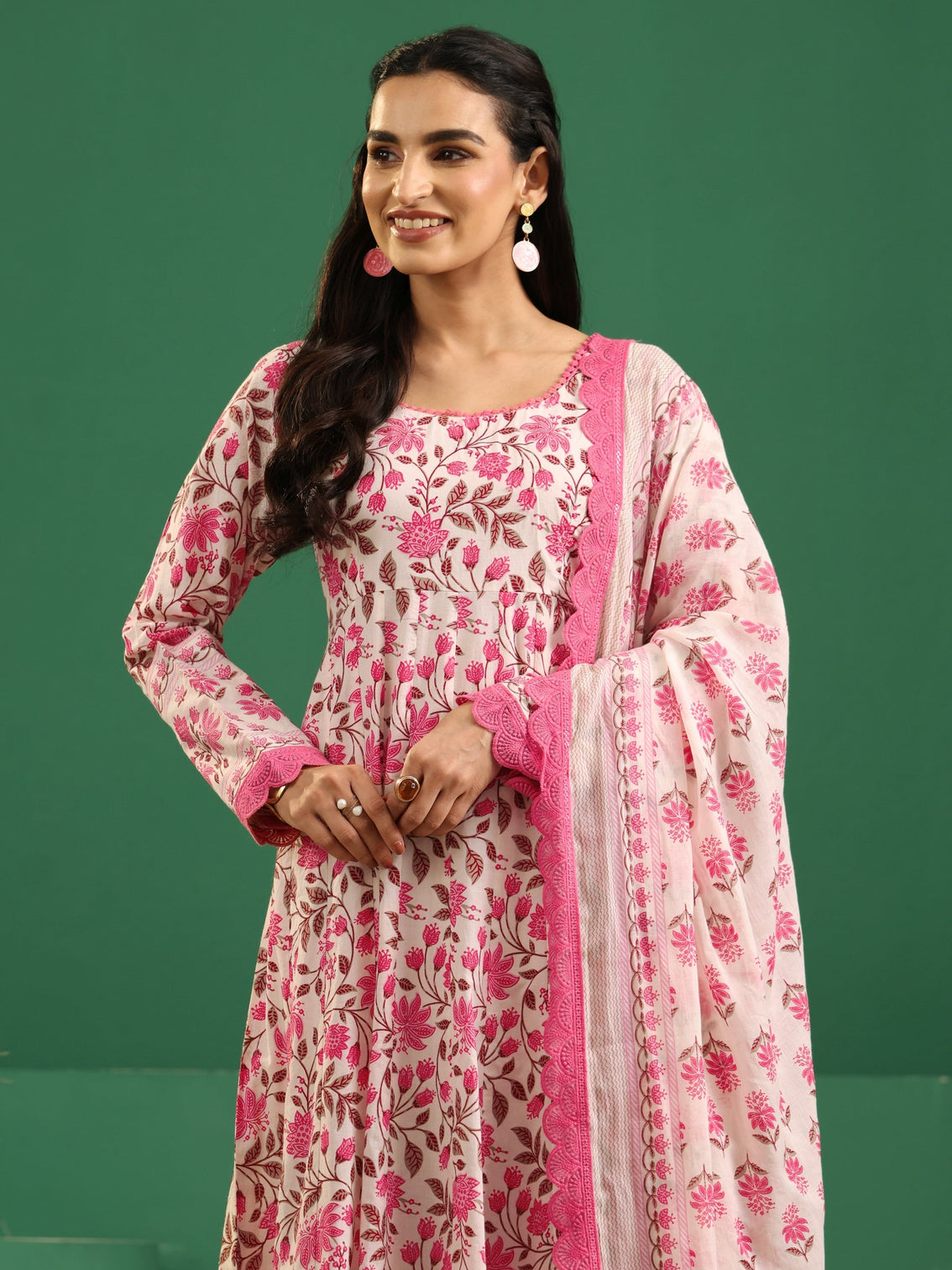Mameraa Cream Floral Printed Cotton Anarkali Suit Set