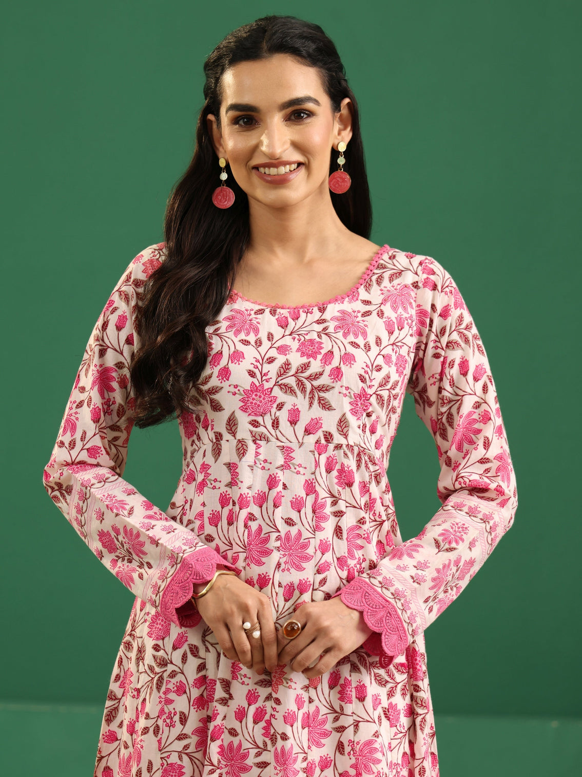 Mameraa Cream Floral Printed Cotton Anarkali Suit Set