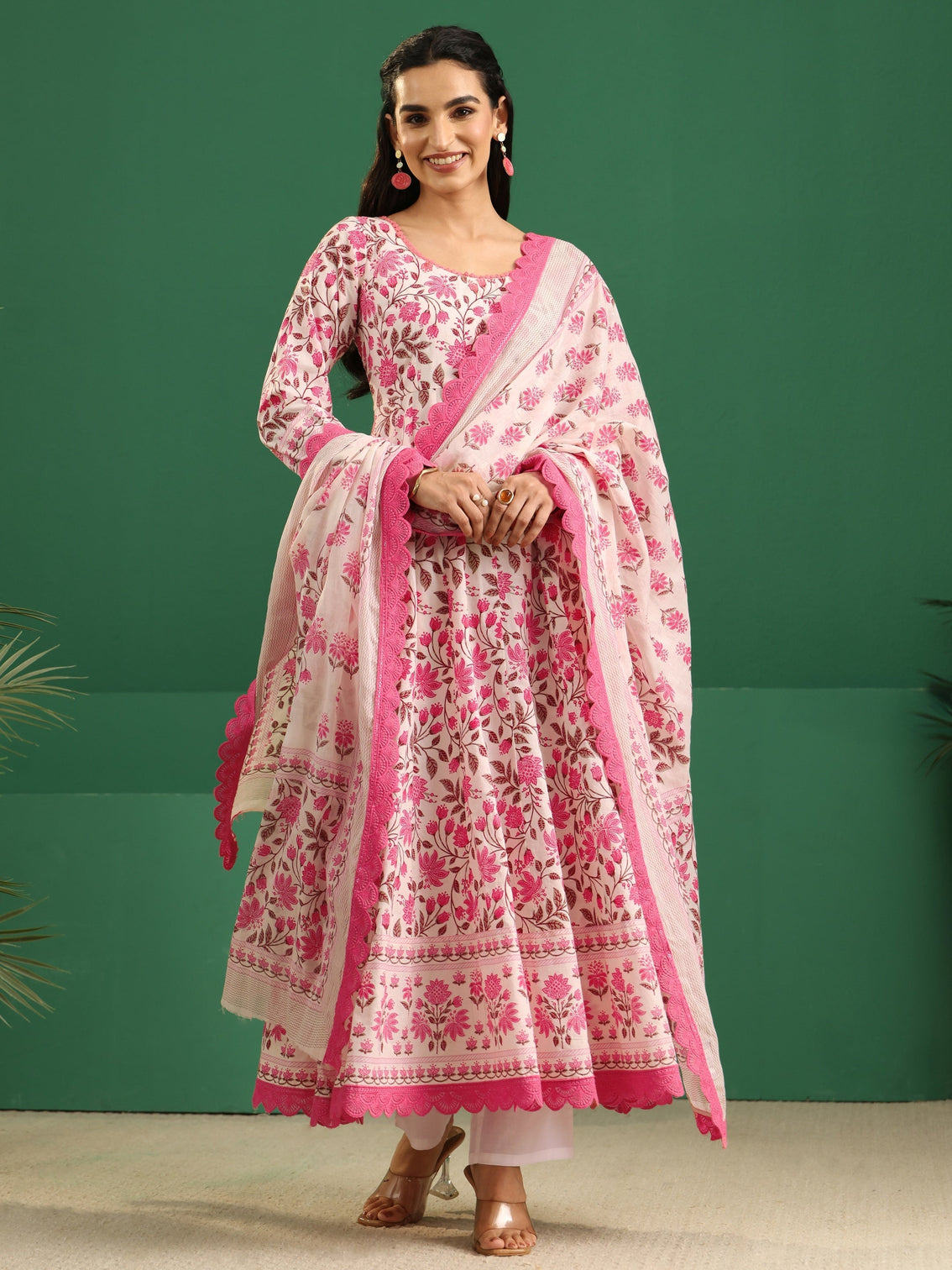 Mameraa Cream Floral Printed Cotton Anarkali Suit Set